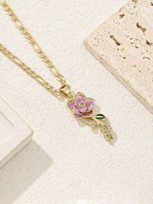 1 High-Quality Rose Pendant Necklace, Branches Dotted With Broken Diamonds And Green Enamel Leaves Suitable For Girls To Wear On Many Occasions. - Yellow Gold - View 7
