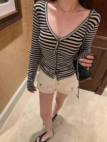 Minimalist Commute Lyocell V-Neck Striped Slim Fit Women's Top Black - Black - View 3