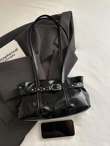 Women's Y2K Shiny Shoulder Bag, Rivet Belt Decor Buckle Design Ruched Soft Leather Underarm Handbag - Black - View 10