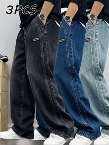 3pcs Boys' Casual Street Vintage Style Distressed Jeans With Side Panel Patchwork Design, Elastic Waistband Pockets, Spring/Summer/Autumn - Multicolor - View 1