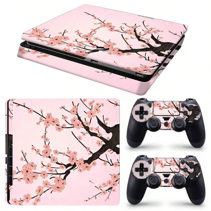 Slim Sticker Set, Pink Cherry Blossom Pattern Waterproof Scratch-Resistant Self-Adhesive Vinyl Game Console Skin, Removable No Residue Includes Full Console + 2 Controller Decorative Film - View 1