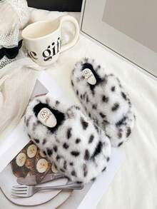 1 Pair Leopard Print Fluffy Slippers Open Toe Plush Slides For Girl Casual Home Bedroom Indoor Daily Wear - White - View 2
