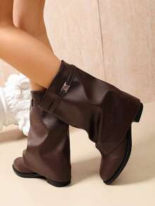 Light Luxury Soft Leather Ruched Stacked Boots With Metal Buckle Decor, Slouchy Ankle Boots, Slimming Wide Shaft Versatile Premium Women's Boots - Brown - View 5