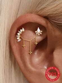 1pc 925 Sterling Silver Star Dangle Earring Chain Industrial Barbell Triple Stars Charm Chain/18K Gold Plated Helix Conch Lobe Nose Piercing Chain - Gold - View 5