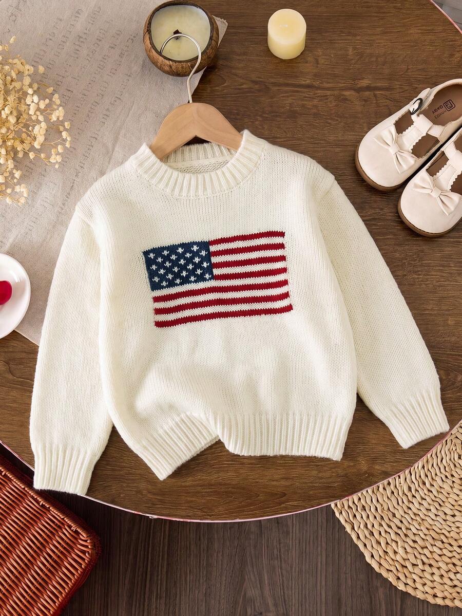 1pc Girls Vintage Pattern New Sweater, Simple Sweet Children's Daily Wear Fashion Versatile Top - White - View 1