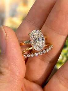 Set Cincin Oval 2 Buah & 2 Karat, Cincin Wanita Elegan, Cocok untuk Kencan, Pesta, Ulang Tahun, Hadiah Perhiasan Istimewa untuk Wanita - Emas - View 2
