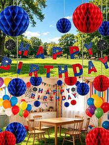 Spider Theme Happy Birthday Banner + Honeycomb Ball Set - Cartoon Party Decoration, Fun Animal Design Paper Bunting, Suitable For Birthday And Theme Party Decor - Blue and Red Version - View 2
