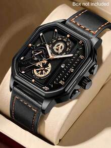 1pc Men's Black Square Hollow Watch, Black Leather Strap, Vintage Mechanical Luxury Style, Square Black Dial With Gold Markers Hollow Men's Leather Watch, Hardcore Men's Accessory, Suitable For Summer Wear, Can Be Given As Father's Day, Valentine's Day, Birthday Gift, Luxury Gift For Boyfriend, Son, Adult Men - Black - View 1