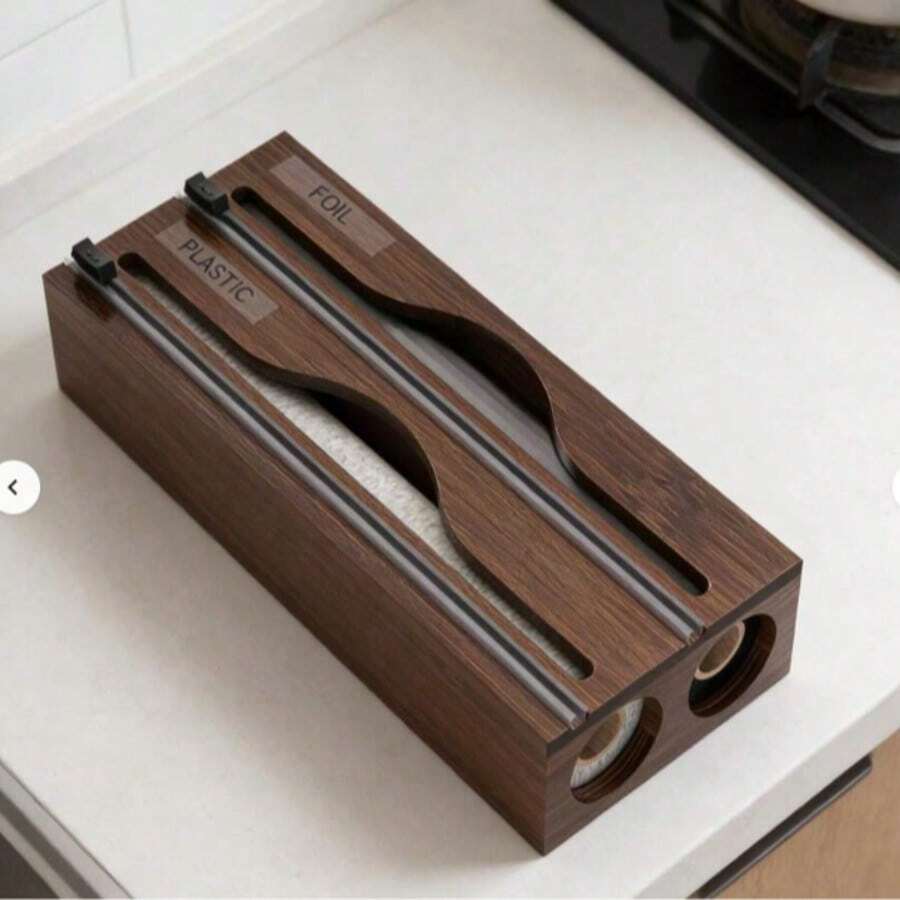 Cling Film Storage & Cutting Box, Foil & Cling Film Storage Box, Dual Compartment Cling Film Cutter, Rectangular, For Kitchen Cutting Cling Film & Aluminum Foil, Suitable For Back To School Season - Brown - View 1