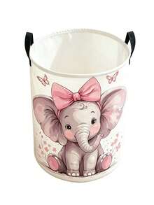 [Cute Elephant Storage Basket]Cute Elephant Laundry Basket, Foldable Round Storage Box With Sturdy Handle | Pink Bow And Butterfly, Soft Macaron Cartoon Design, Durable Storage Bin, Suitable For Game Room, Spring Cleaning, Lightweight, Suitable For Bedroom, Bathroom - Multicolor - View 13