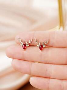 1 Pair Cute Cubic Zirconia Stud Earrings For Women, Wedding Engagement Party Jewelry, Christmas Gift - Gold + Red - View 6