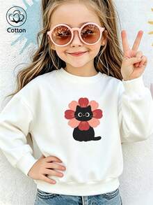 Kids' Loose Fit Crewneck Sweatshirt With Cute Cartoon Cat & Floral Print, Long Sleeve Pullover For Spring Autumn Outdoor Play - White - View 10