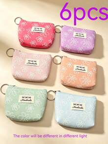 Macaron Color Floral Coin Purse 6pcs Set, Portable Zipper Small Storage Bag With Key Ring, Fresh White Flower Pattern, Can Store Coins, Earphones, Lipstick, Travel Carry-On Small Wallet, Gift Small Item - Multicolor - View 8