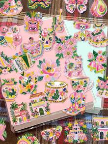 50pcs Mexican Folk Art Stickers For Decorating Planner, Journal, Scrapbook, Notebook, Luggage, Guitar, Skateboard, Manual, Tablet, Water Bottle, Phone - Pink - View 2