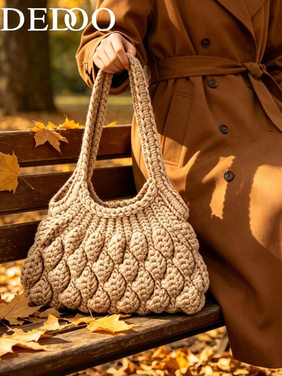 Dedoo 女款鉤編肩背包 3D花瓣針織托特包 大容量柔軟波希米亞風手提包 適合休閒旅行度假