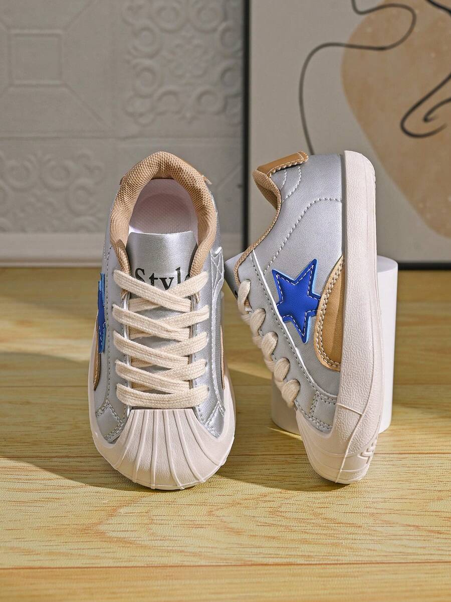 Kids' Colorblock Sneakers With Star Applique, Soft Sole Casual Walking Shoes, Versatile Spring/Autumn Toddler Shoes - Silver - View 1