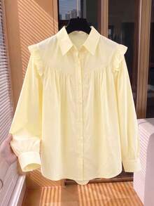 Solid Color Front Button Ruched Ruffle/Flounce Blouse Office Casual Spring Summer Autumn Long Sleeve Shirt For Women - Yellow - View 7