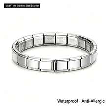 1pc High-Quality Men's Silver Stainless Steel Elastic Bracelet, Rectangular Link Design, Waterproof, Rust-Resistant, Hypoallergenic, Fade-Resistant, Daily Wear, Party, Gift Accessory - Silver - View 3