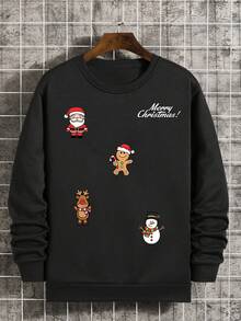 DOPE | Christmas Cartoon Pattern Print Sweatshirt For Men, Santa Claus, Gingerbread Man, Snowman Loose Fit Crew Neck Pullover - Black - View 5