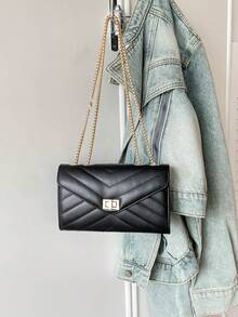 Hevel Fashion 純色菱格鏈條單肩包，多功能晚宴手拿包，輕量新款手提包，適合日常通勤斜背，適合上班族與學生，休閒手機零錢口紅斜挎包，黑色 - 黑色 - 查看 3
