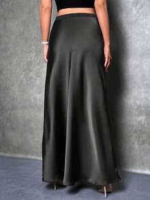 Plus Size Women Elegant Maxi Satin Skirt, Solid Color Black Spring - Black - View 2