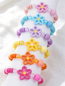 6Pcs/Set Kids Colorful Flower Beaded Bracelet, Bohemian Handmade Stretch Bracelet For Girls Party Holiday Jewelry Gift - Multicolor - View 1