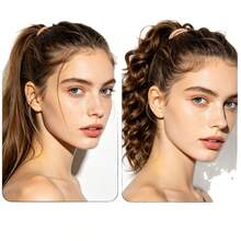 High Ponytail Wig With Water Wave Braided Twist, Cloud Perm Waterfall Half-Up Short Hair Fake Ponytail - Black - View 9