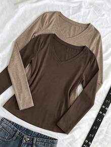 2pcs Women's Long Sleeve V-Neck Knitted T-Shirt, Regular Fit, Slightly Elastic Top, Suitable For Autumn/Winter - Light Brown + Dark Brown - View 1