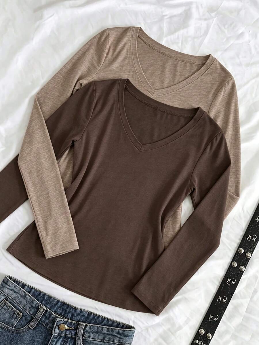 2pcs Women's Long Sleeve V-Neck Knitted T-Shirt, Regular Fit, Slightly Elastic Top, Suitable For Autumn/Winter - Light Brown + Dark Brown - View 1