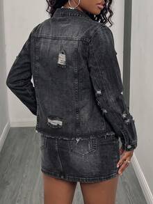 Black & Grey Washed Distressed Ripped Hem Denim Jacket, Women's Vintage Lapel Single-Breasted Pocket Short Jacket Top - Black - View 5