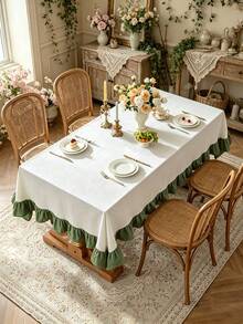 1PC Mori Style Moss Green Ruffle Edge Tablecloth, Rustic Vintage Decorative Dust Cover, Suitable For Dining Room, Patio, Afternoon Tea, Dining Table, Mori Style Wedding, Birthday Party, Photography Backdrop Decoration - Green - View 4