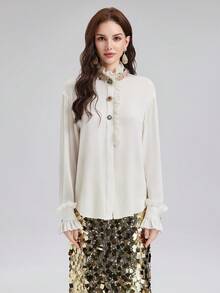 Rich Radi Q's Women's Elegant White Ruffle Collar Blouse, Rhinestone Embellished, Long Sleeve Woven Fabric Top, Fashionable Autumn Outfit - White - View 10