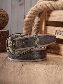 1pc Men's Belt, Vintage Western Buckle, PU Leather Strap, Embossed, Contrast Color Design, Cargo Style Style, Suitable For Daily Casual Or Pairing With Jeans - BH1242 - View 12