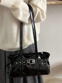 Women's Y2K Shiny Shoulder Bag, Rivet Belt Decor Buckle Design Ruched Soft Leather Underarm Handbag - Black - View 5