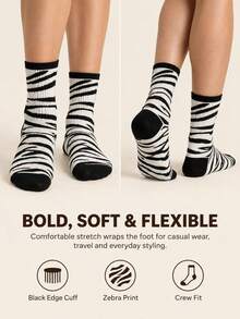 1/5 Pasang Kaos Kaki Wanita Motif Zebra Acak, Kaos Kaki Setengah Betis Motif Hewan Hitam Putih untuk Pakaian Kasual Streetwear - MultiWarna - View 4