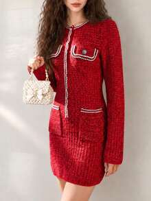 Women's Red Knitted Mini Sweater Dress, With Pockets, Long Sleeve Pencil Skirt Design, Fashionable Winter Slim Fit Style - Red - View 3