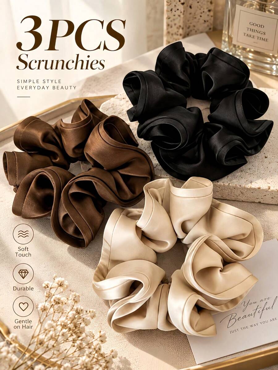 3pcs/Set Women's Champagne, Black, Brown Fashion Versatile Hair Scrunchies, Suitable For Bathing, Face Washing And Styling - Multicolor - View 1