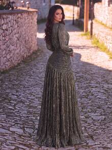 Elegant Round Neck Front Cut-Out Evening Gown, Suitable For Weddings, Balls, Anniversaries And Formal Occasions Party Fall - Gold - View 2