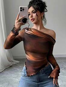 Áo blouse nữ thanh lịch bằng lưới xuyên thấu, tay dài, trễ vai, ôm sát, nhún bèo, họa tiết in, phong cách thời trang thường ngày đi chơi - Cà phê nâu - Xem 1