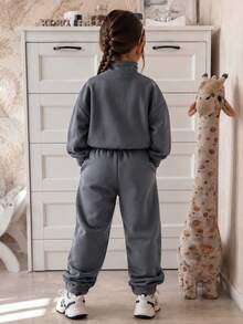 Girls Korean Style Bowknot Sweatshirt Set, Half-Zip High Neck Top + Cuffed Sweatpants 2-Piece Set, Casual Versatile Young Girl Sportswear For Autumn/Winter - Dark Grey - View 6