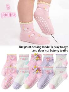 5雙女童春夏款網布透氣可愛獨角獸泡泡袖口防滑中筒蕾絲嬰幼兒襪 - 彩色 - 查看 1