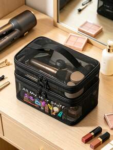 Mesh Makeup & Grooming Storage Bag With "All My Hair Stuff" Print, Matching Mesh Portable Storage Bag, Double-Layer Transparent Toiletries Storage Bag, Travel & Business Trip Portable Toiletries Organizer - Multicolor - View 5