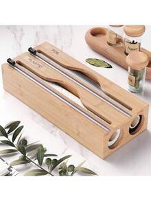 1pc 33.2*14*7cm Bamboo Cling Film Dispenser, Aluminum Foil And Cling Film Storage Box, Two-Grid Cling Film Cutter, Natural Color Rectangular For Cutting Cling Film And Aluminum Foil For Kitchen-Back To School - Khaki - View 7