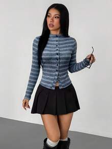 VENORA Striped Mock Neck Button Front Long Sleeve Knit Top, Slim Fit Fall Casual Cardigan Tee,Business,Basic,Sexy,Y2k,Ins,Halloween,Fall/Winter - Grey - View 1
