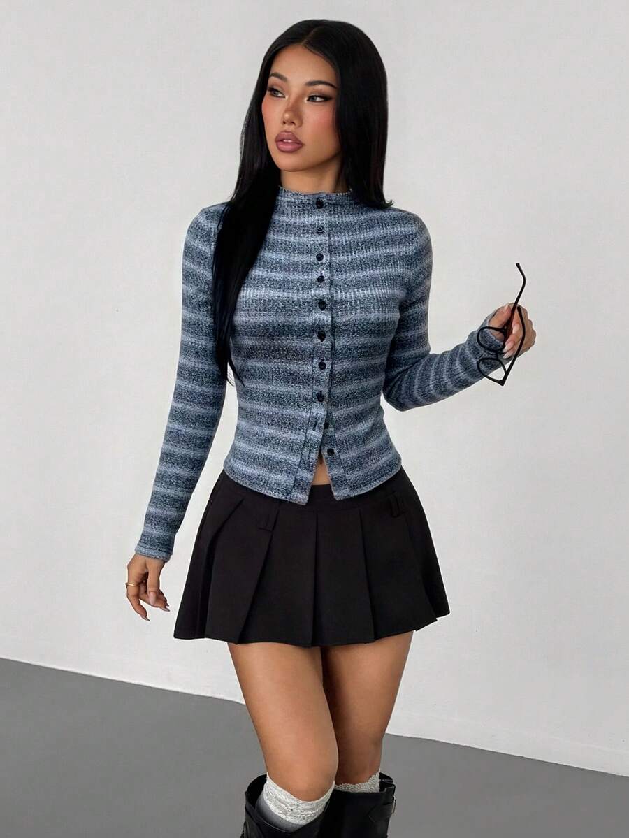 VENORA Striped Mock Neck Button Front Long Sleeve Knit Top, Slim Fit Fall Casual Cardigan Tee,Business,Basic,Sexy,Y2k,Ins,Halloween,Fall/Winter - Grey - View 1
