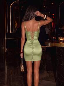 ADYCE Elegant Spaghetti Strap Waisted Backless Bodycon Tie-Back Sequin Rhinestone Fishbone Prom Gown Homecoming Wedding Guest Ball Birthday Party Christmas - Green - View 2