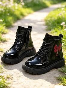 1 Pair Girls' Boots, Shiny PU + Red Bow Decor, Round Toe Elastic Soft Sole Inner Zipper Design, Fashionable Cute Princess Style Ankle Boots, Suitable For Daily, Holiday, School, Party, Autumn/Winter New - Black - View 5