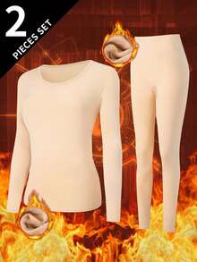 2pcs/Set Women's Thermal Underwear Set, Crew Neck Top + Pants, Winter Base Layer Thermal Top And Leggings - Beige - View 1