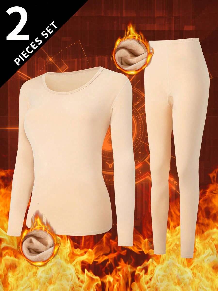 2pcs/Set Women's Thermal Underwear Set, Crew Neck Top + Pants, Winter Base Layer Thermal Top And Leggings - Beige - View 1