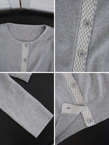 Women's Winter Korean Style Contrast Color Plaid Patchwork Long Sleeve Crew Neck Knit Cardigan Sweater Jacket Top, New Autumn/Winter Versatile - Grey - View 10
